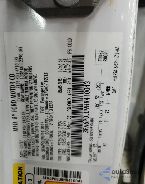 2017 Ford Fusion Se Hybrid из США, поврежденный, VIN 3FA6P0LU9HR410043